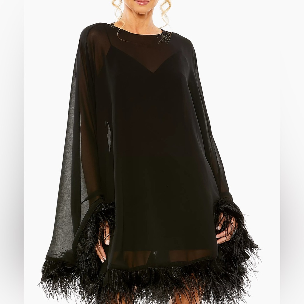 Mac Duggal Feather-Trim Trapeze Minidress Size 8